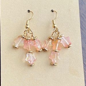 Gold Colored Wire Wrapped Earrings with Frosted Glass Peach & Gold Star Dangles